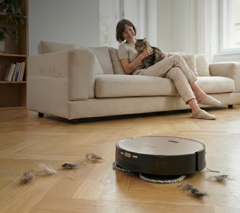 The RobZone Duoro robot vacuum and a white cat on a carpet covered in fur